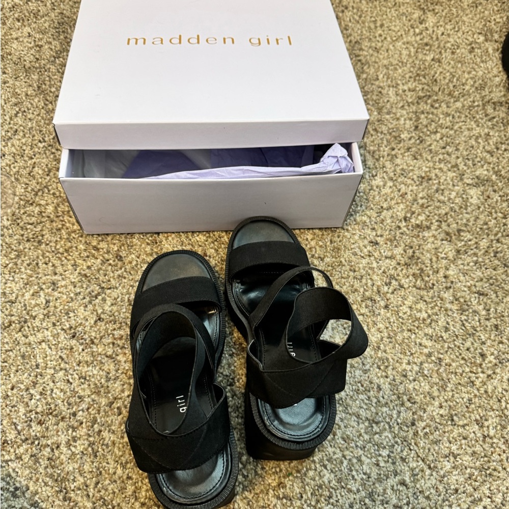 Madden Girl Black Strappy Platform Sandals with Elastic Ankle Wrap - Picture 2 of 6